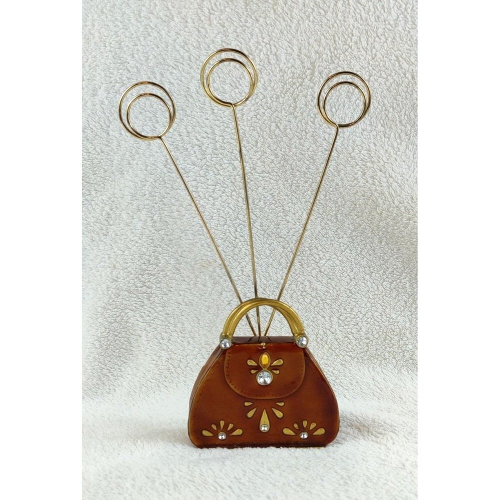 Enameled Miniature Purse Photo Card Holder Paperweight Decorative Brown Copper